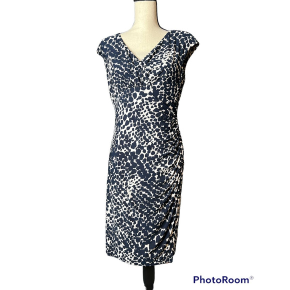 Lauren Ralph Lauren Dress in Black White Print Faux Wrap Side Gathered Size 8 - Picture 1 of 7
